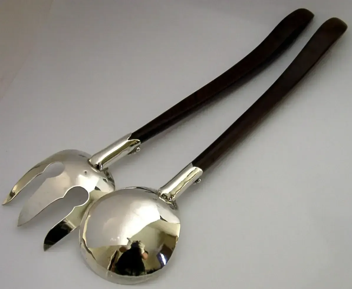 Grandes couverts à salade en argent massif sterling et bois, style Arts & Crafts, vers 1980, Mexique, 120 g photo buy