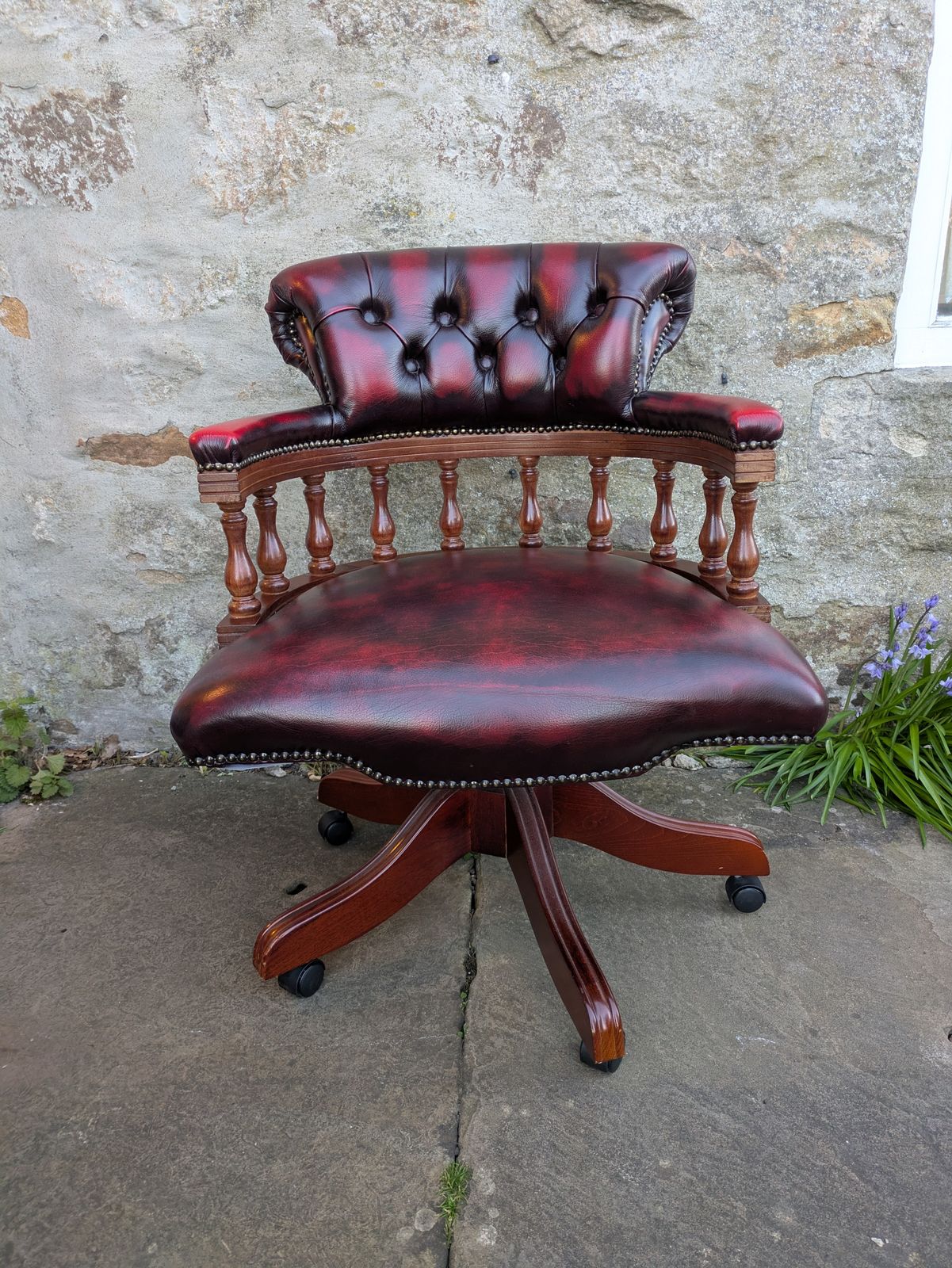 Vintage Red Leather Chesterfield Style Swivel Captains Chair