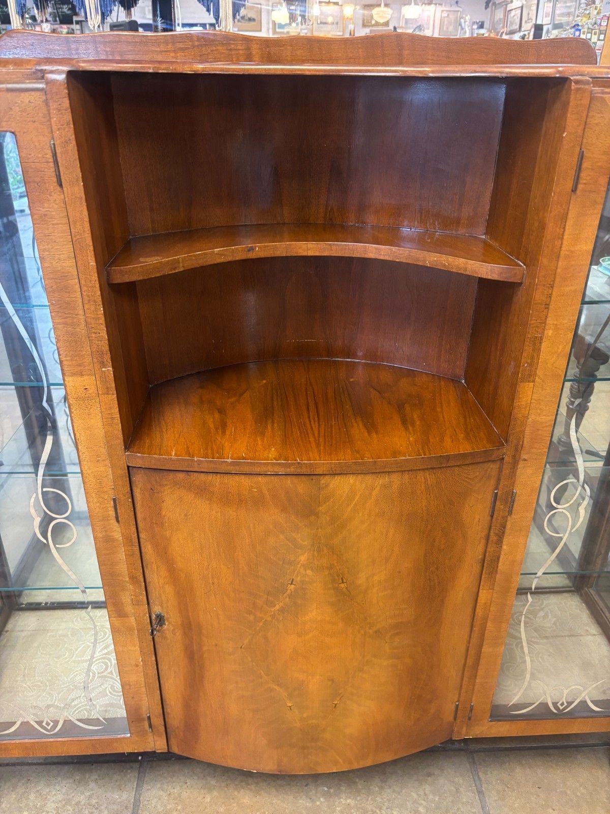 1950's Walnut Veneered Art Deco Style Side By Side Display Cabinet As Found photo for sale