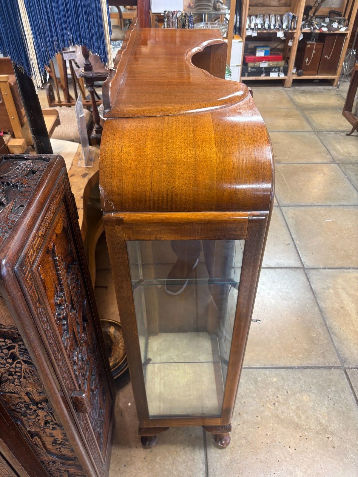 1950's Walnut Veneered Art Deco Style Side By Side Display Cabinet As Found photo vintage