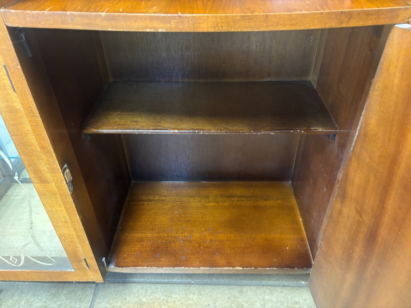 Furniture 1950's Walnut Veneered Art Deco Style Side By Side Display Cabinet As Found photo