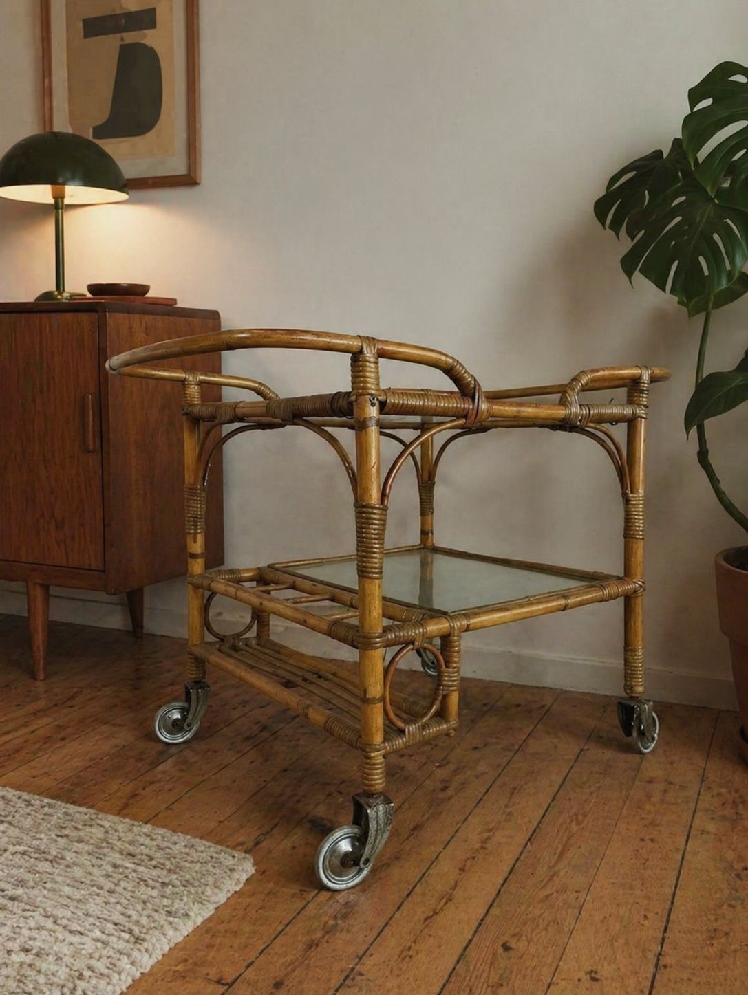 Vintage Mid Century Italian Bamboo & Rattan Drinks Trolley photo buy