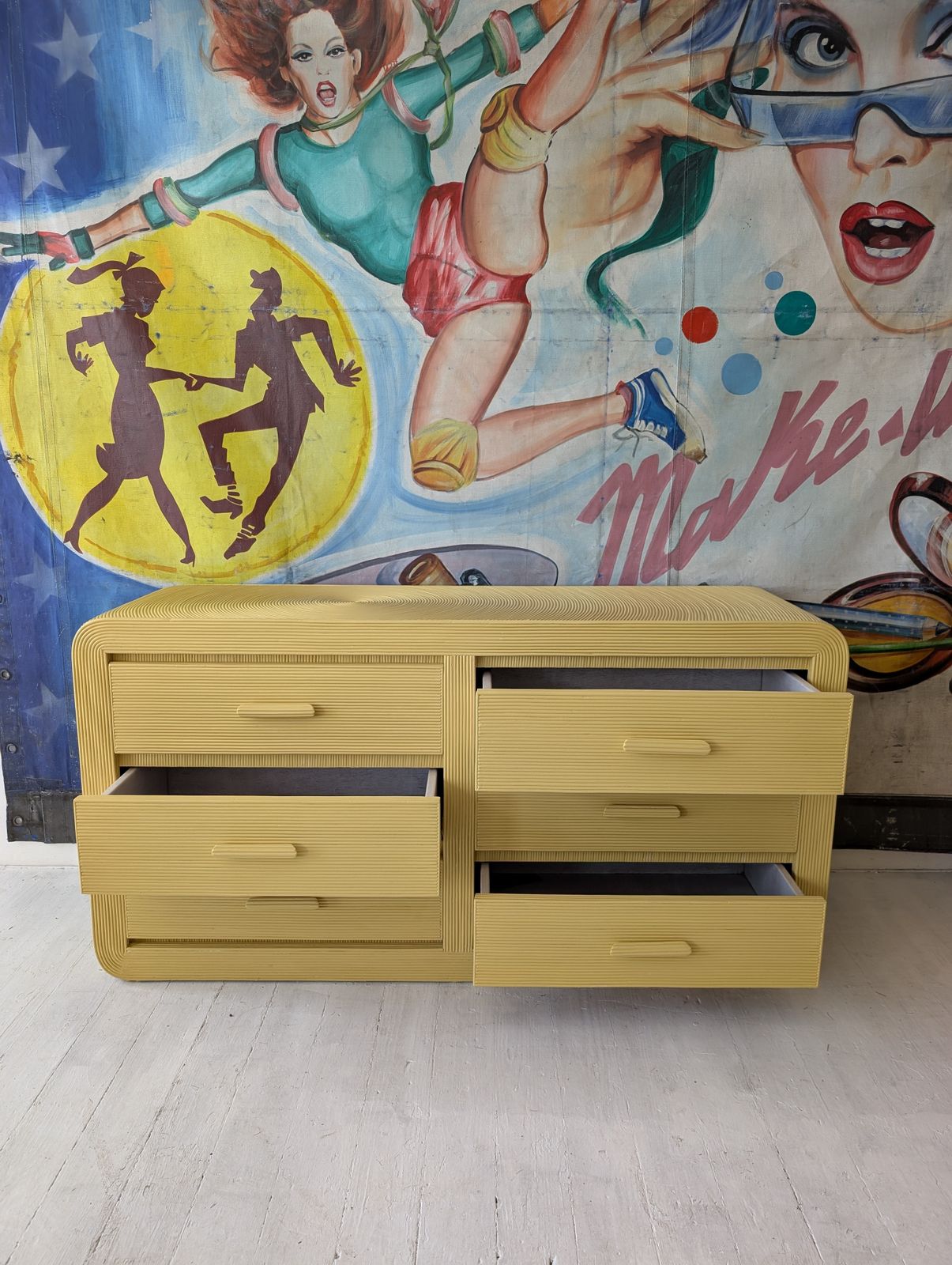 Vintage American Butter Yellow Pencil Reed Sideboard With Drawers / Dresser, 1970s photo buy