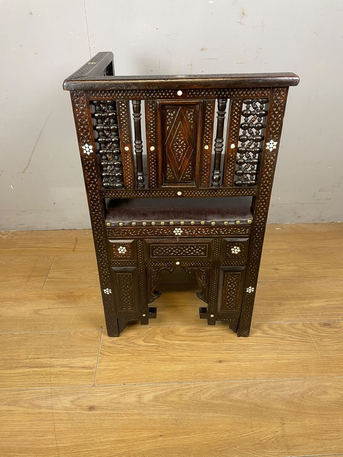 C19th Inlaid Carved Corner Chair With Mashrabiya Panels Attributed To Liberty And Co photo vinterior