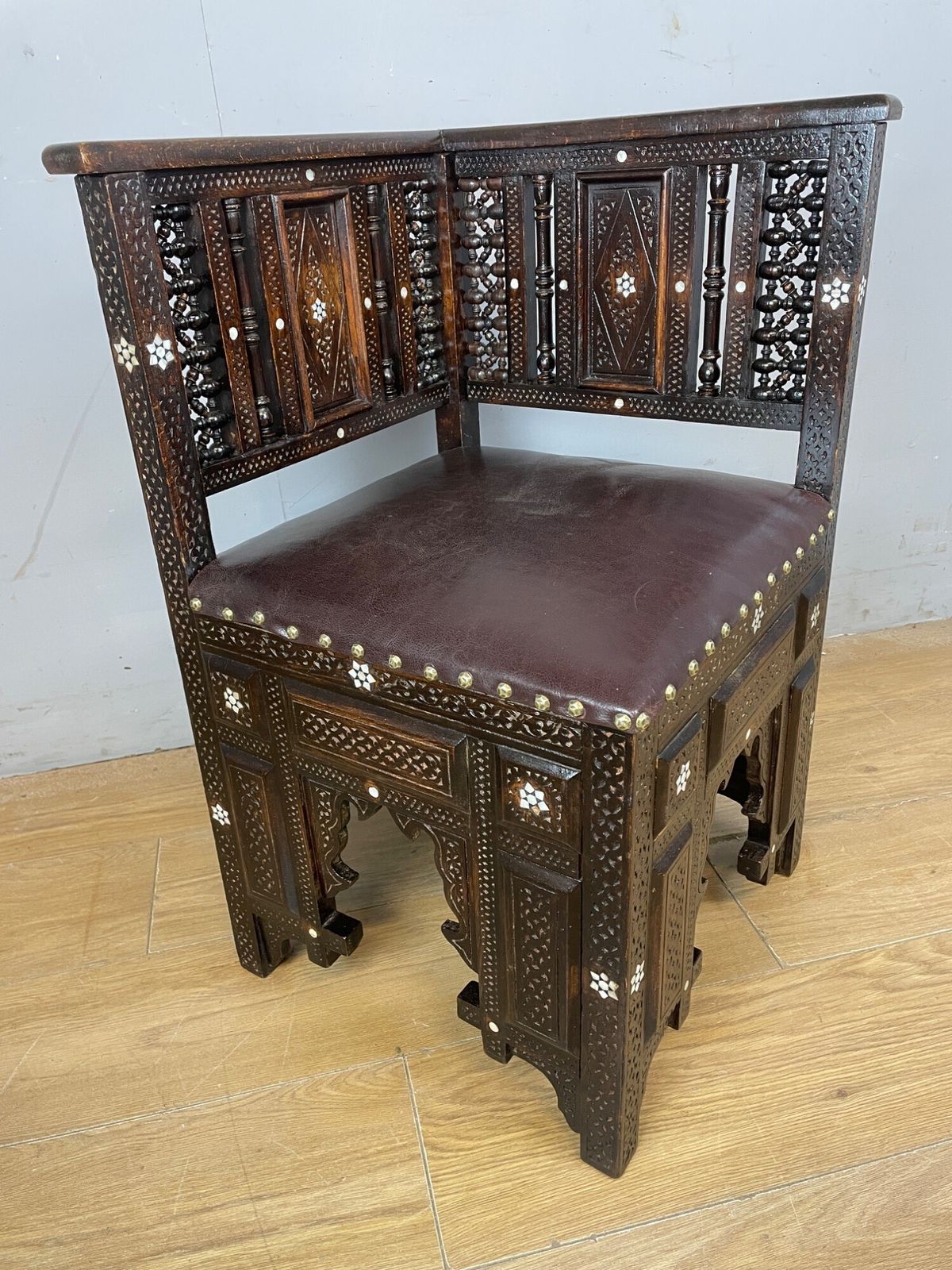 Furniture C19th Inlaid Carved Corner Chair With Mashrabiya Panels Attributed To Liberty And Co photo