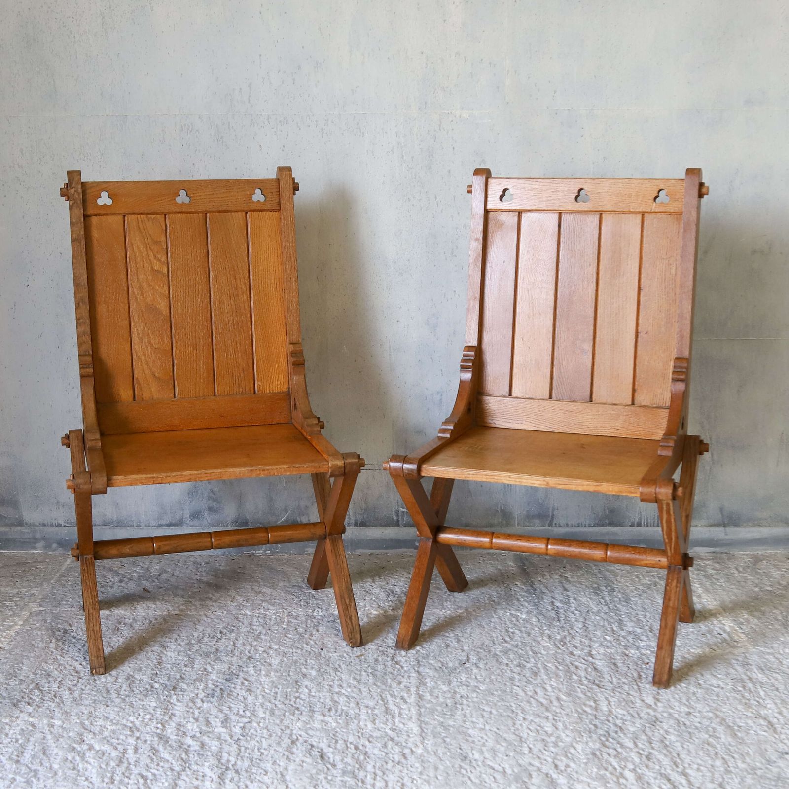Pair Of Oak Gothic Revival Glastonbury Chairs With Trefoil Details, Early 1900s photo furniture