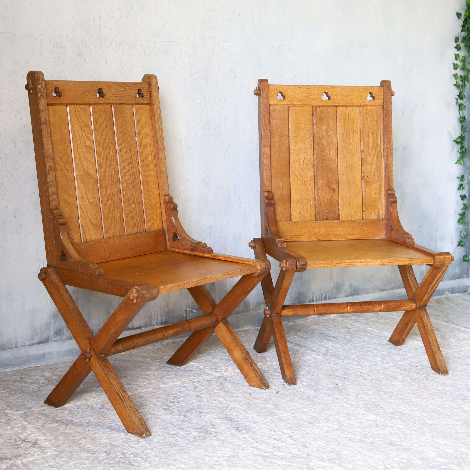Pair Of Oak Gothic Revival Glastonbury Chairs With Trefoil Details, Early 1900s photo Furniture