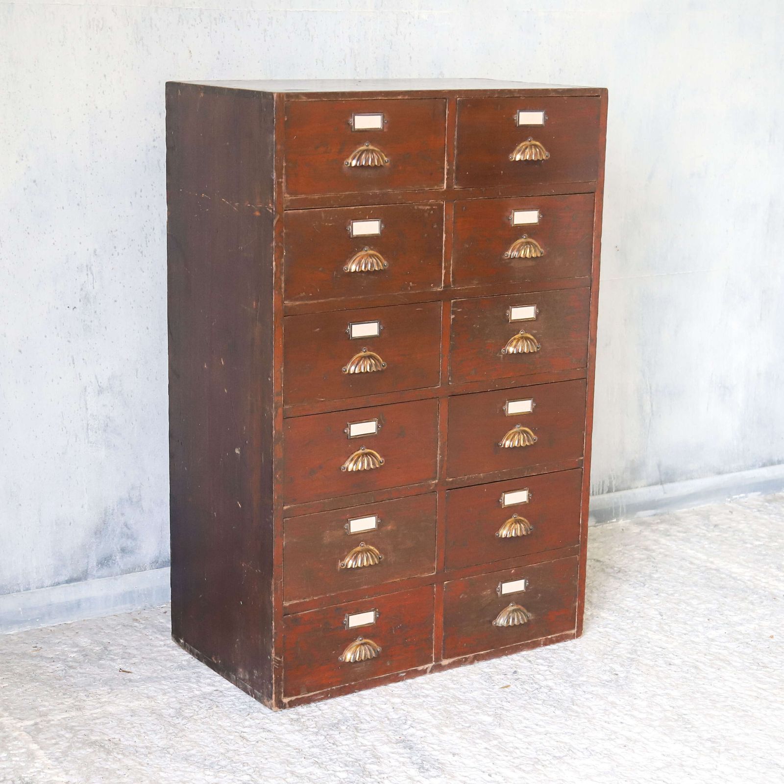 Antique Mahogany Bank Of Drawers With Original Shell Pulls & Label Holders, C.1910 photo for sale