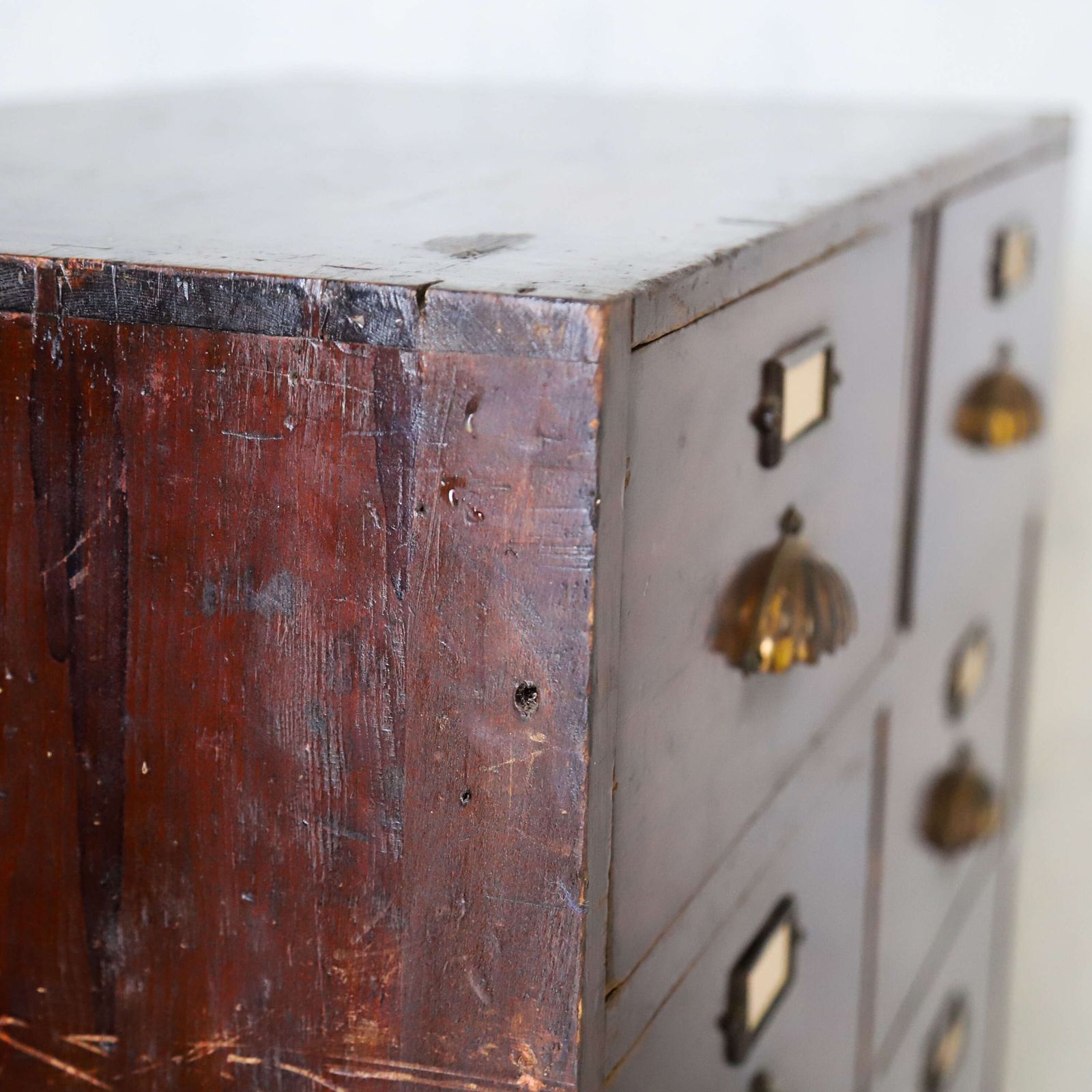 photo for sale Antique Mahogany Bank Of Drawers With Original Shell Pulls & Label Holders, C.1910