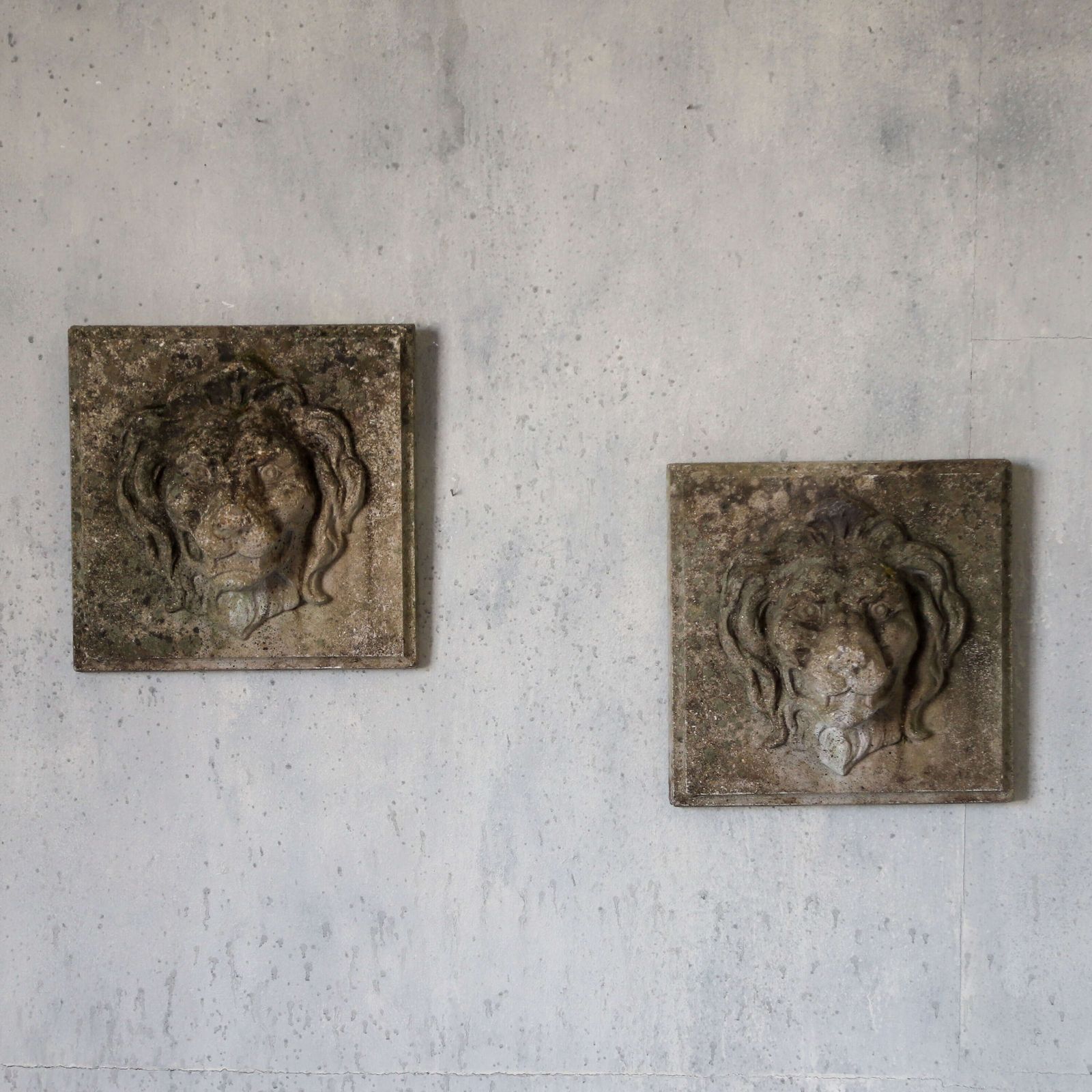Pair Of Composite Stone Lion Masks With Weathered Patina, Classical Style, C.1960s photo furniture