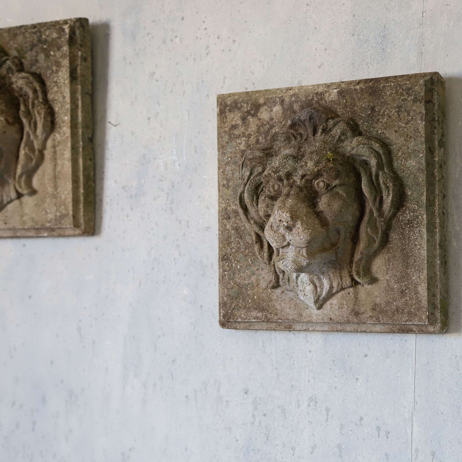 Pair Of Composite Stone Lion Masks With Weathered Patina, Classical Style, C.1960s photo Art