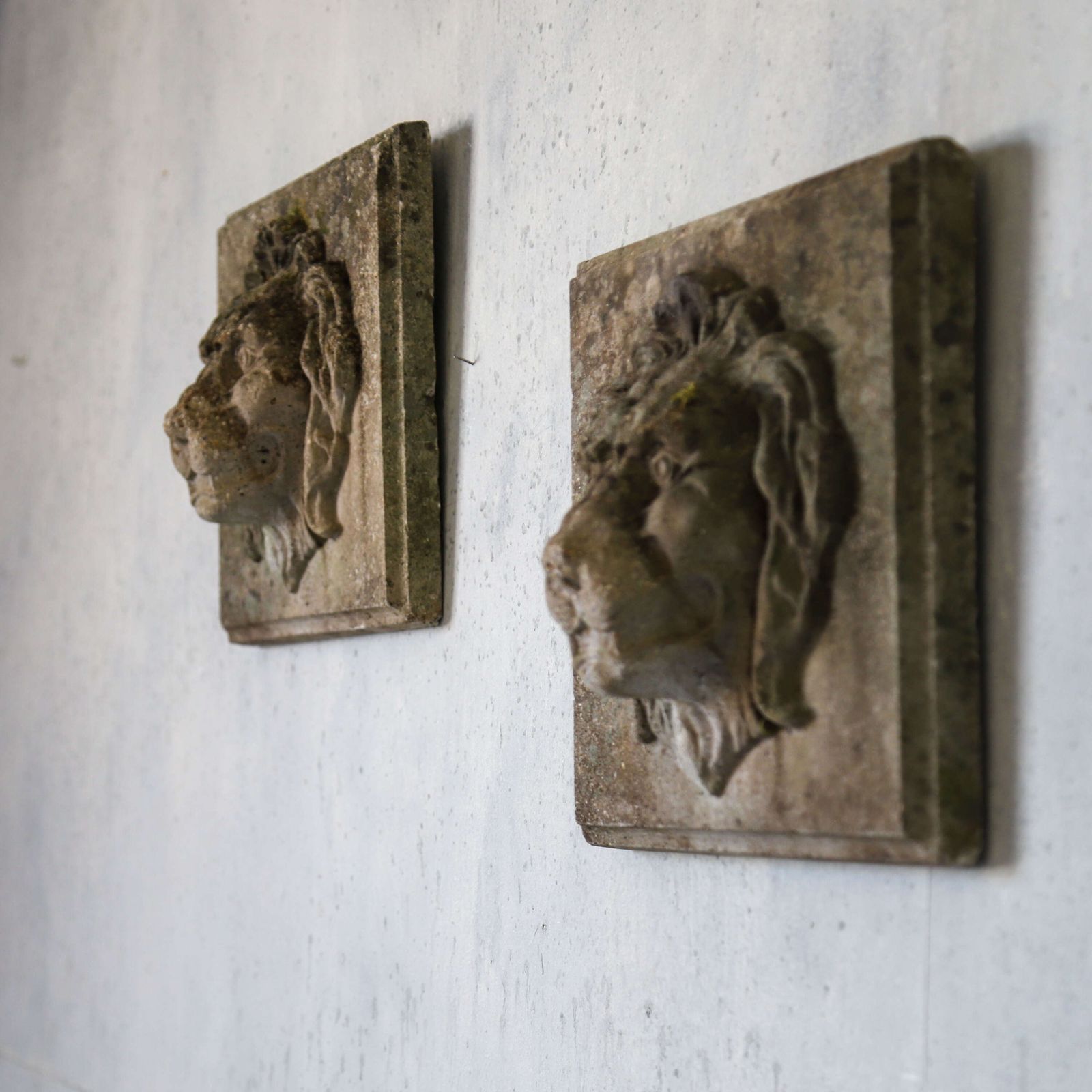 Art Pair Of Composite Stone Lion Masks With Weathered Patina, Classical Style, C.1960s photo