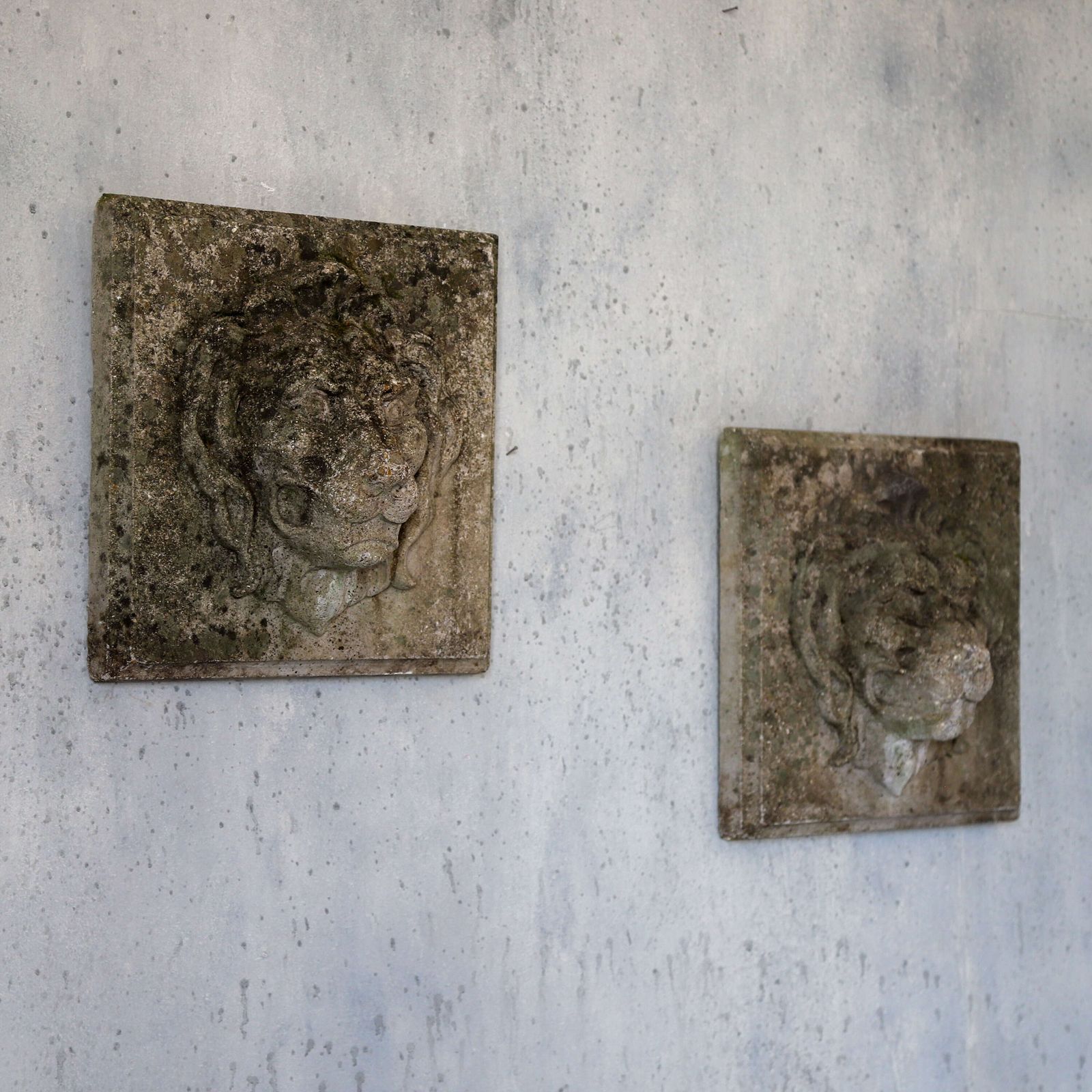 250.0 Pair Of Composite Stone Lion Masks With Weathered Patina, Classical Style, C.1960s photo