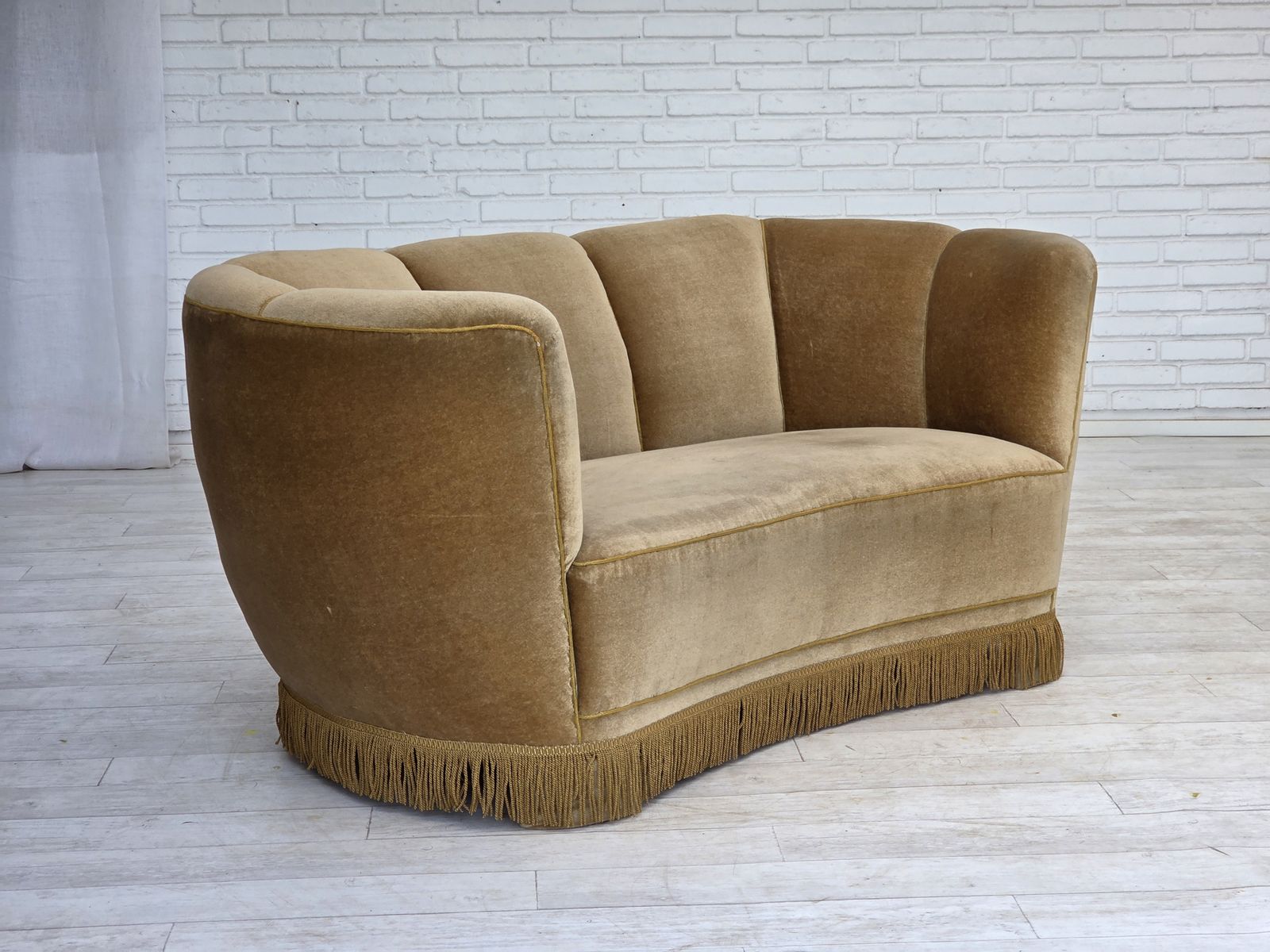 1960s, Danish "Banana" 2 Seater Sofa, Green Furniture Velour, Oak Wood. photo 2100.0