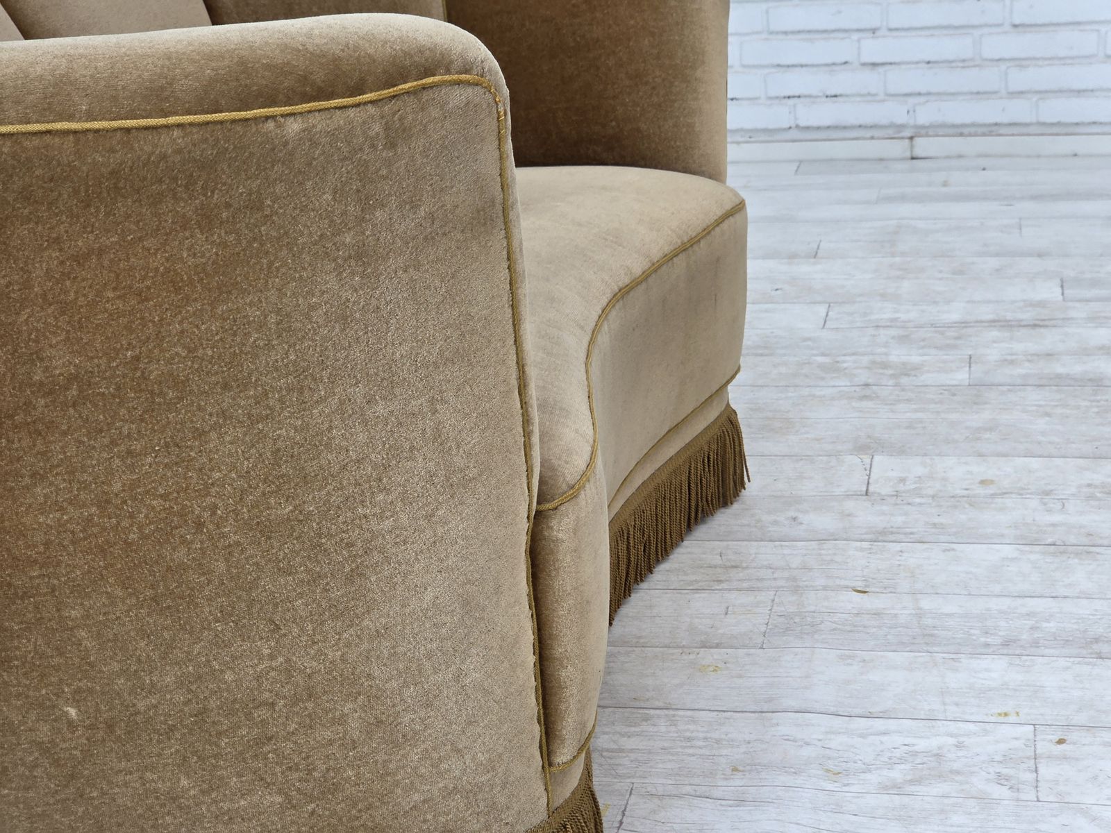 photo for sale 1960s, Danish "Banana" 2 Seater Sofa, Green Furniture Velour, Oak Wood.
