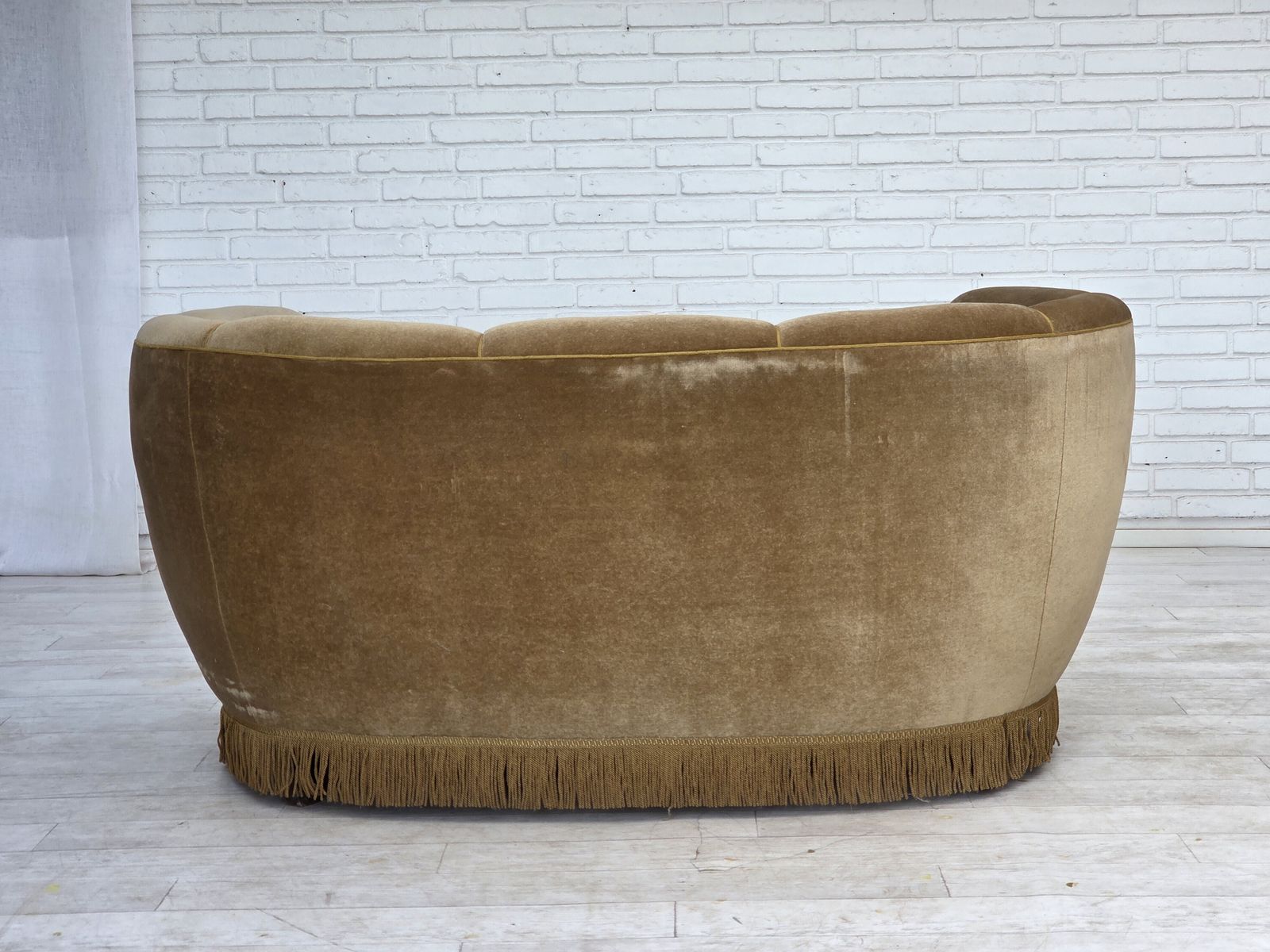 photo buy 1960s, Danish "Banana" 2 Seater Sofa, Green Furniture Velour, Oak Wood.