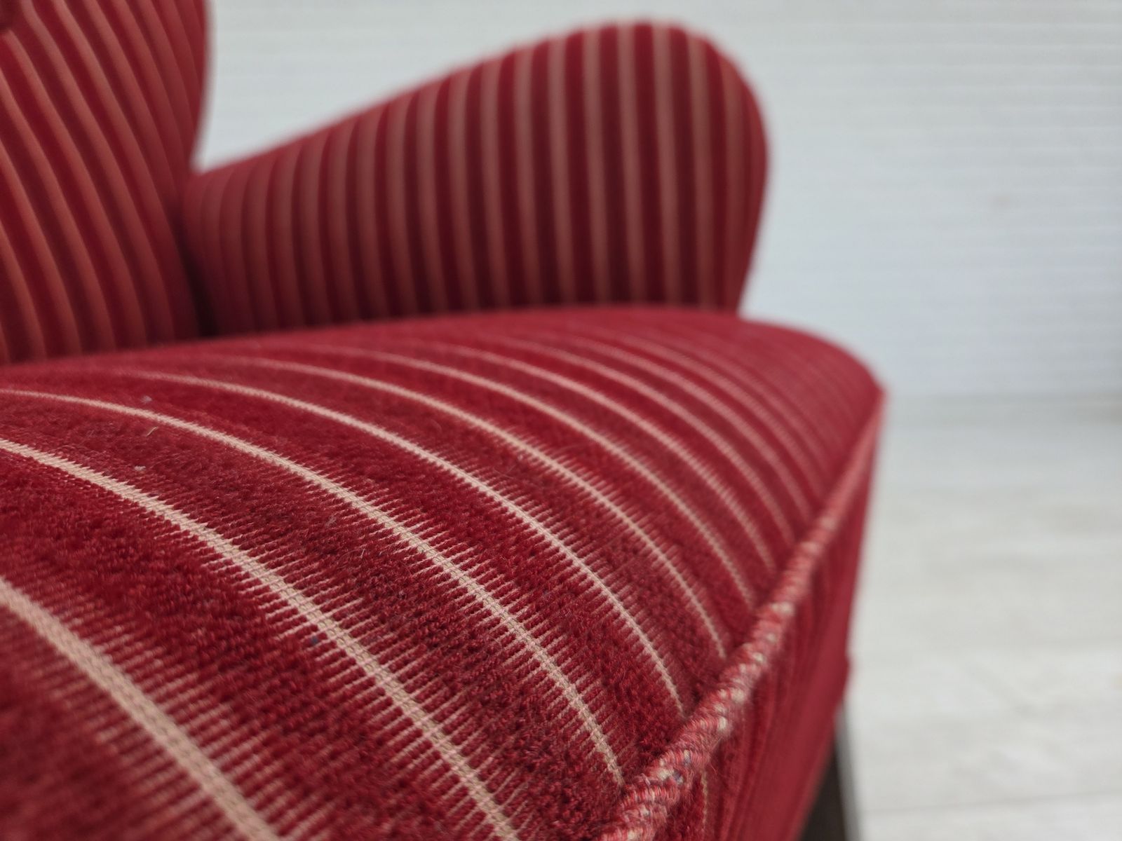 1960s, Danish Armchair, Red Striped Furniture Wool, Oak Wood Legs. photo Furniture