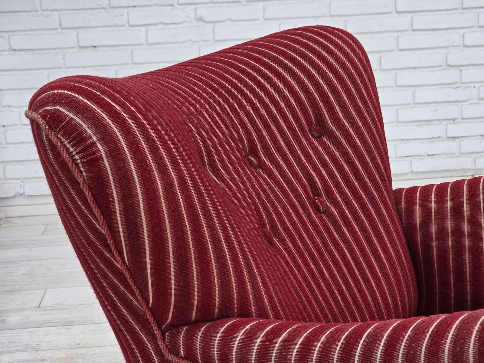 1960s, Danish Armchair, Red Striped Furniture Wool, Oak Wood Legs. photo 890.0