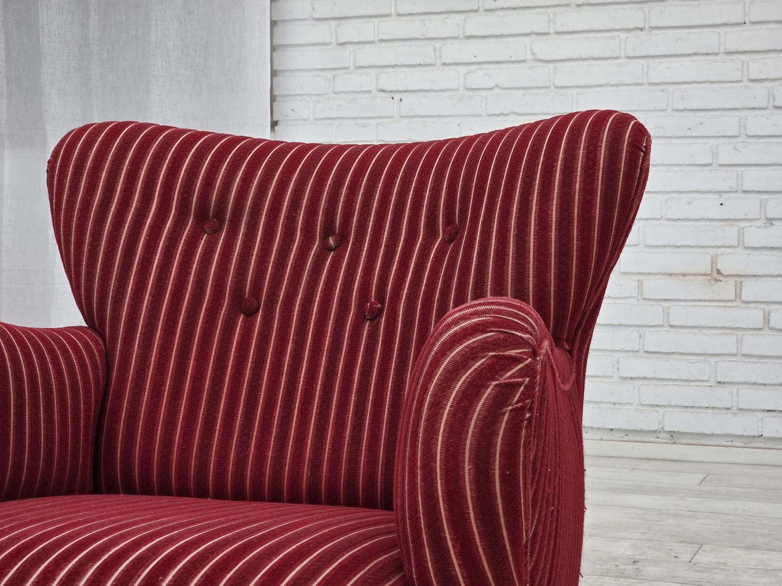 1960s, Danish Armchair, Red Striped Furniture Wool, Oak Wood Legs. photo buy
