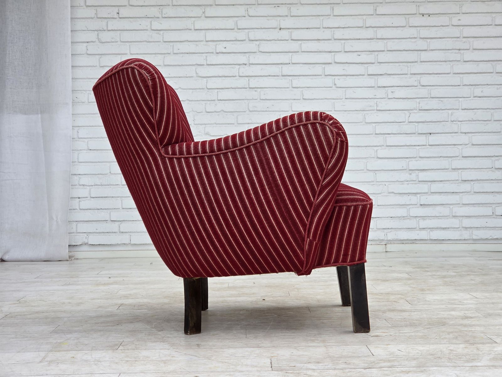1960s, Danish Armchair, Red Striped Furniture Wool, Oak Wood Legs. photo vintage