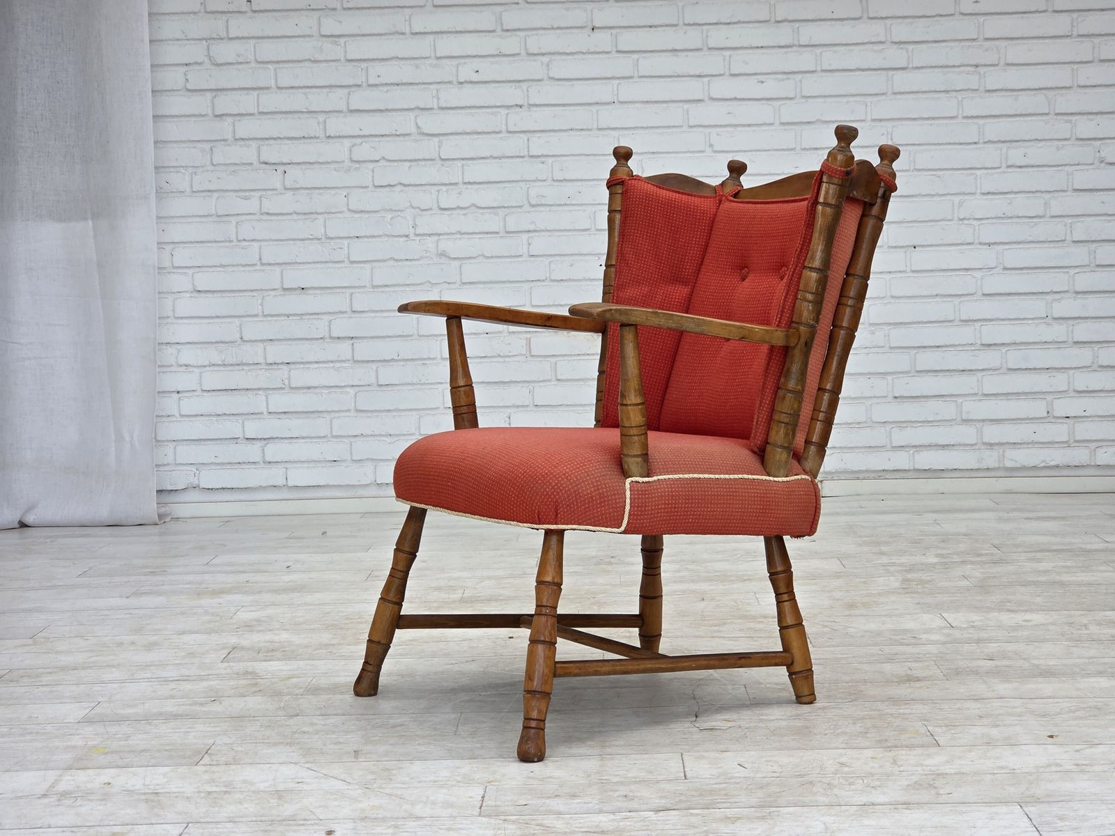 1960s, Scandinavian Armchair, Red Furniture Wool, Beech Wood. photo furniture