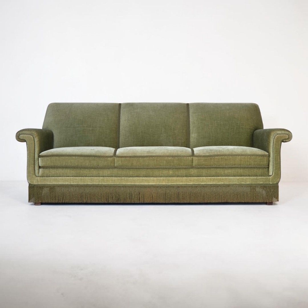 1970s, Danish 3 Seater Sofa, Green Furniture Velour, Beech Wood.