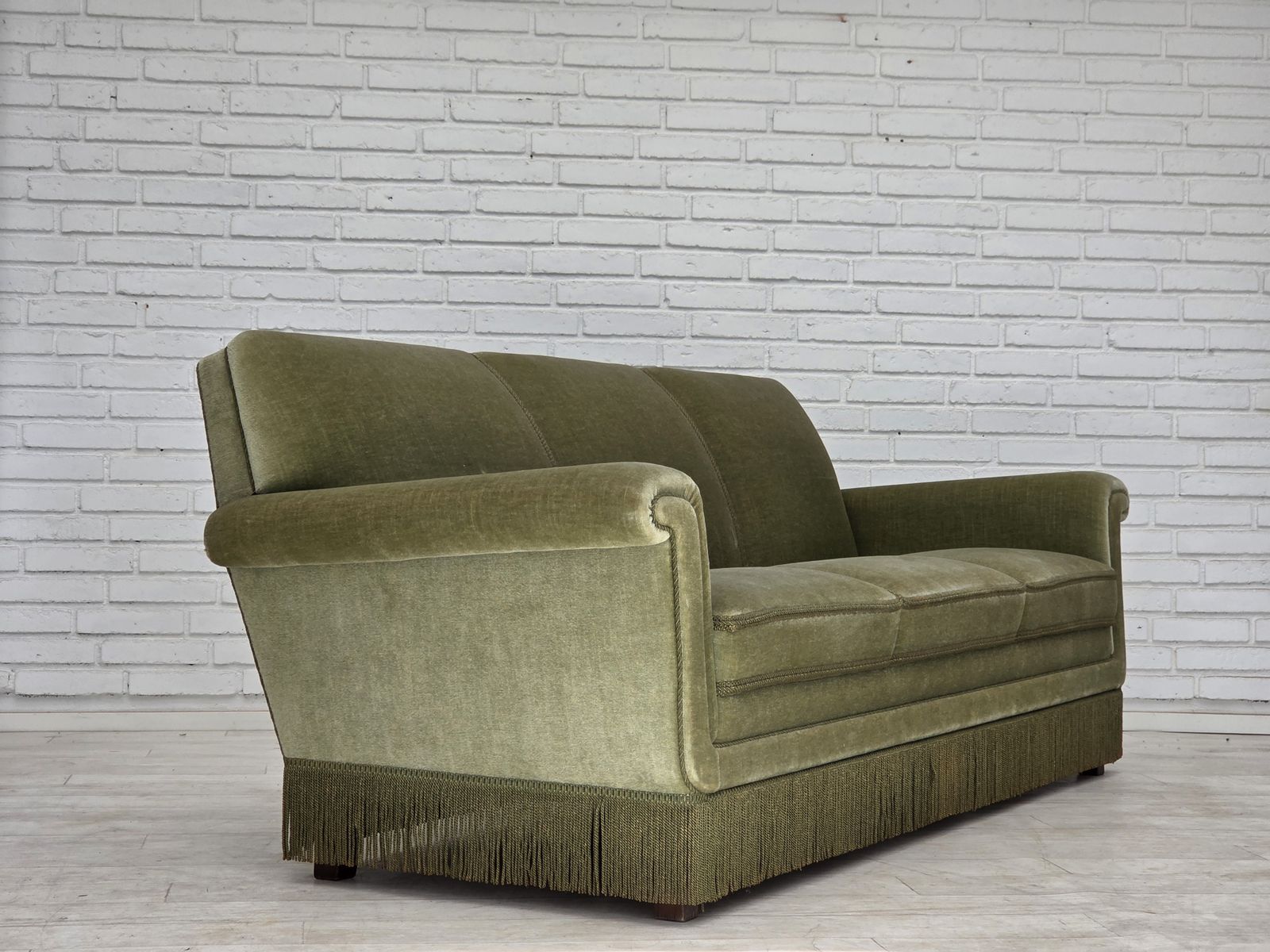 1970s, Danish 3 Seater Sofa, Green Furniture Velour, Beech Wood. photo Furniture
