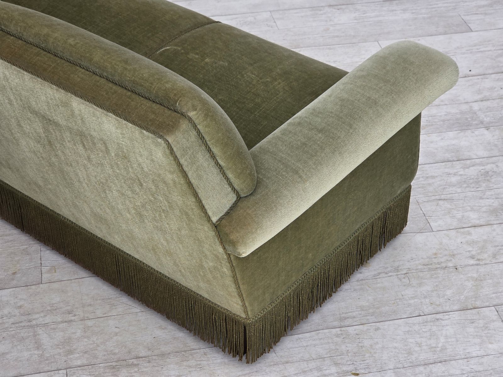photo for sale 1970s, Danish 3 Seater Sofa, Green Furniture Velour, Beech Wood.