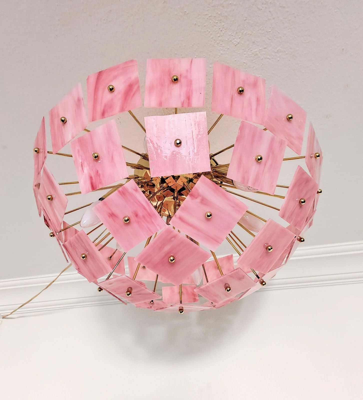Pink Vitrail Glass Sputnik Flush Mount Chandelier Mid Century Inspired Art Lighting photo for sale