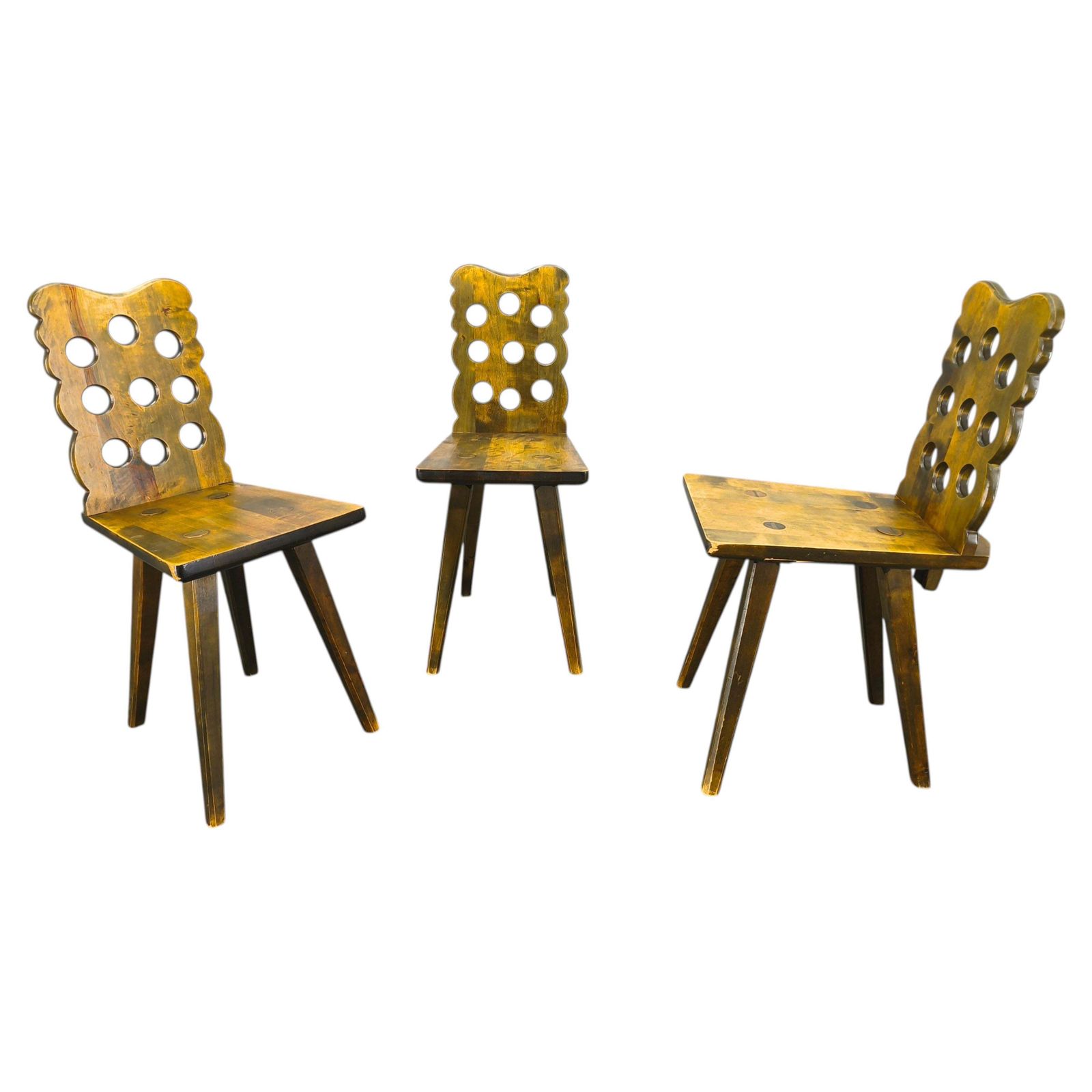 Set Of 3 Brutalist Wooden Chairs, Czechoslovakia, 1950s