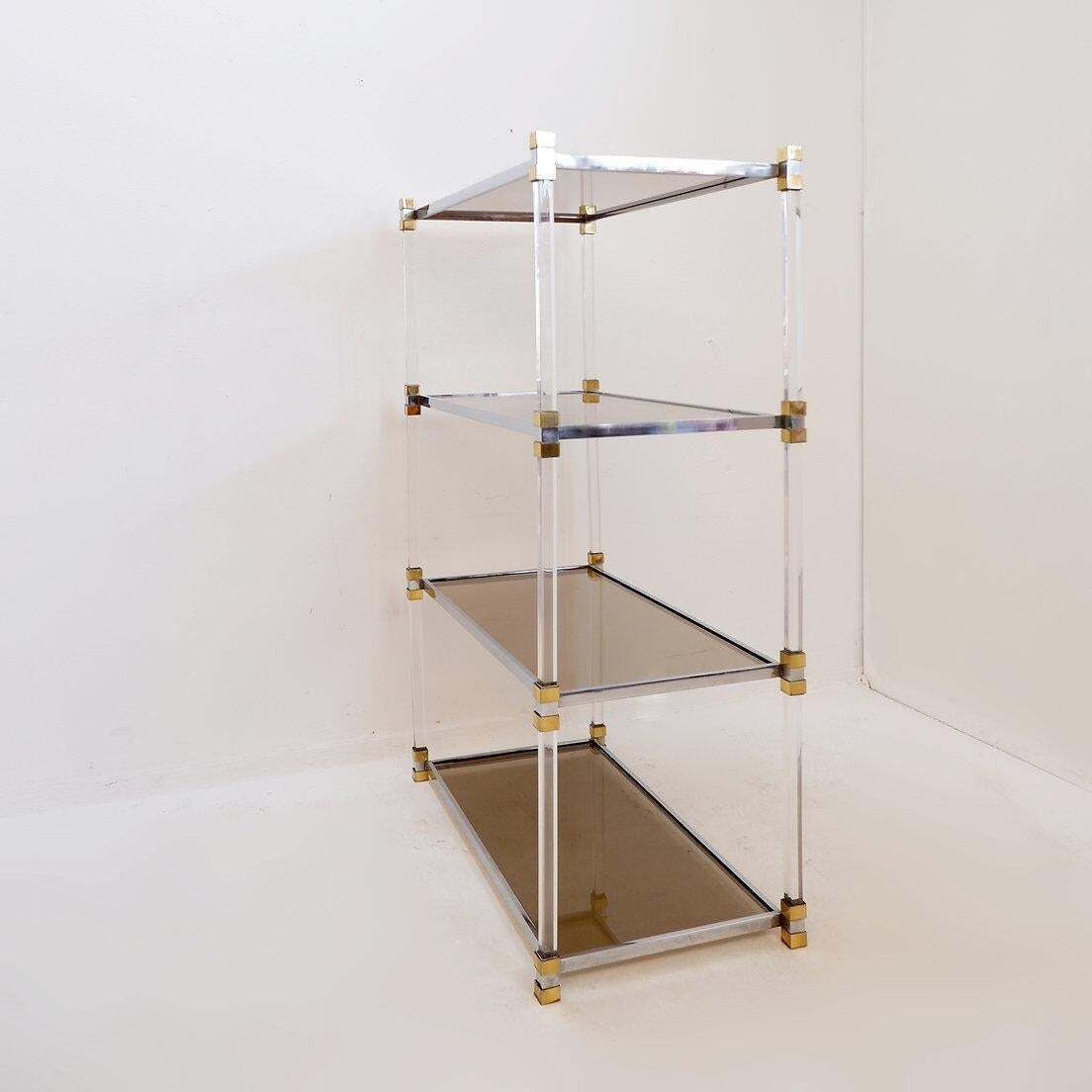 Claustra Shelf In Plexiglass, Smoked Glass And Brass, Charles Hollis Jones Style photo for sale