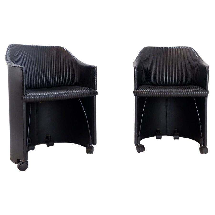 Pair Of Artona Armchairs In Black Leather By Afra And Tobia Scarpa For Maxalto