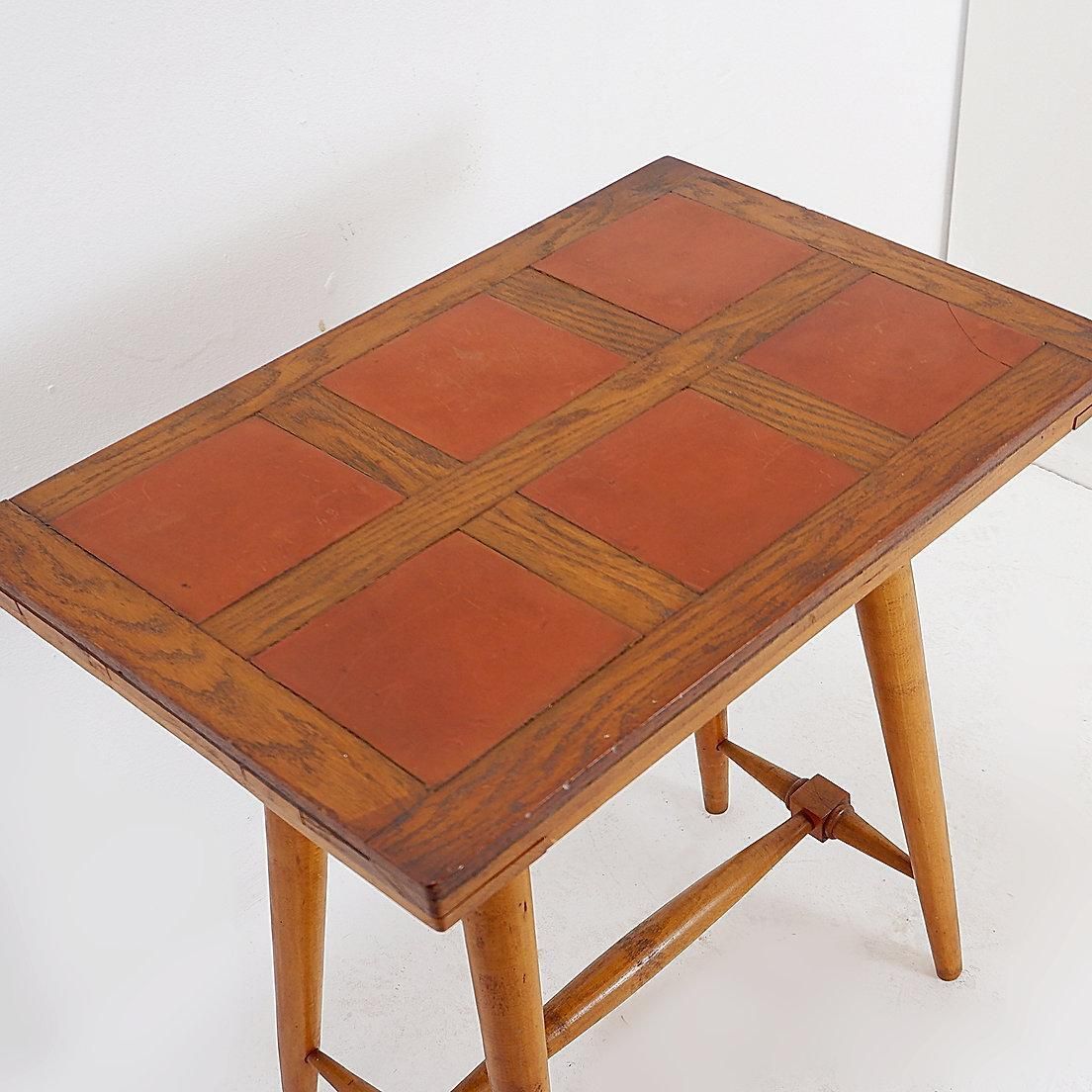 Vintage Wooden Side Table With Terracotta Tile Top   1960s photo vinterior