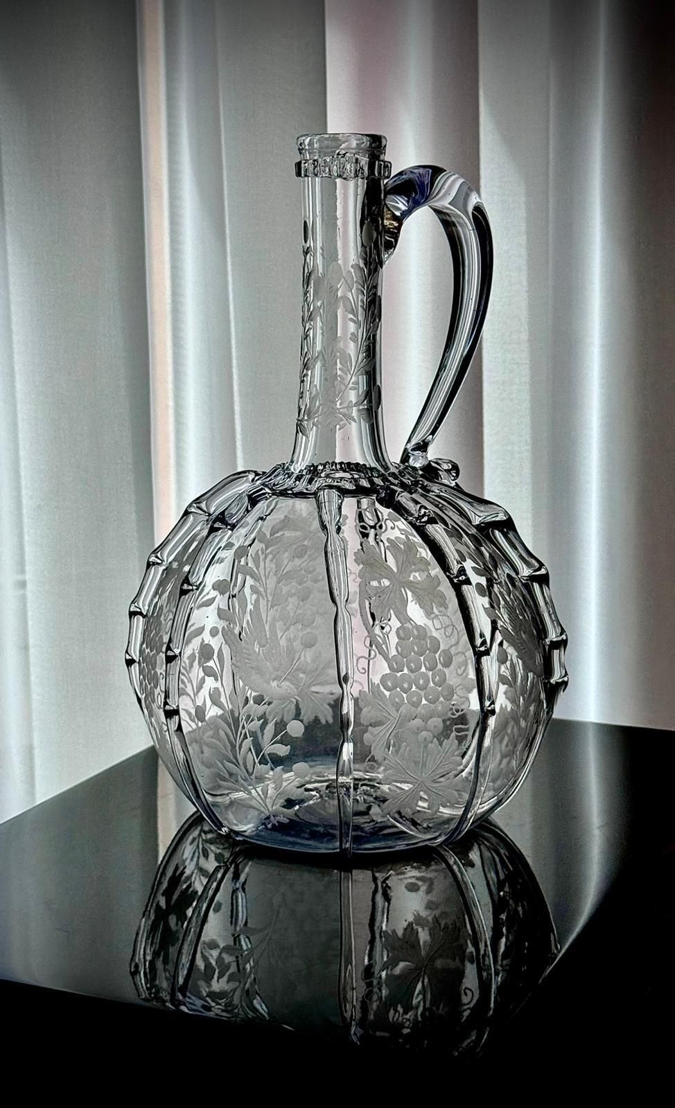 19th Century Engraved Glass Claret Jug With Pair Of Crystal Wine Goblets photo 145.0