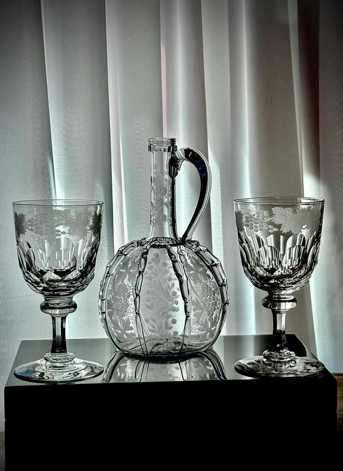photo furniture 19th Century Engraved Glass Claret Jug With Pair Of Crystal Wine Goblets