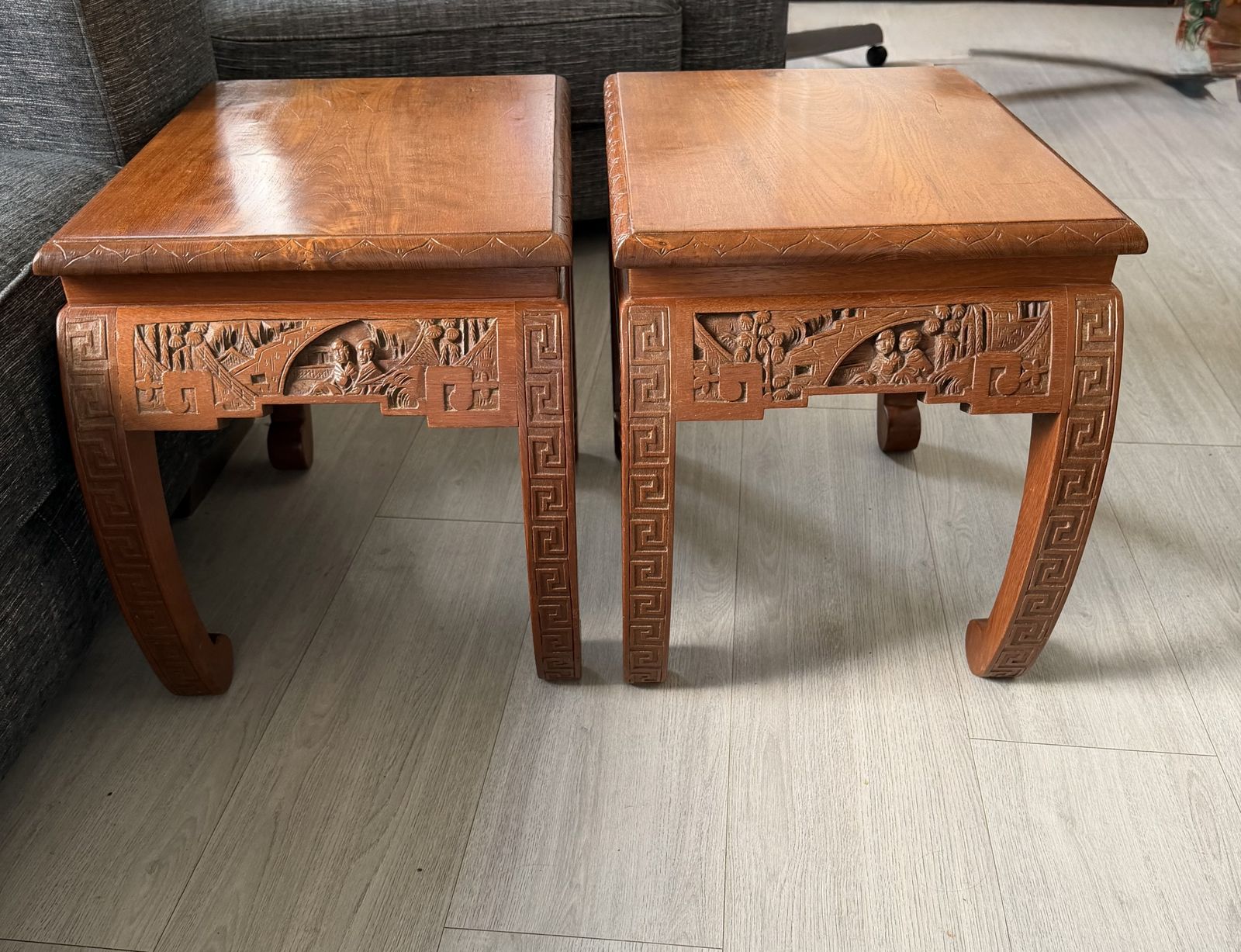 Pair Of Mid Century Hand Carved Chinoiserie Side Tables   Chow Style
