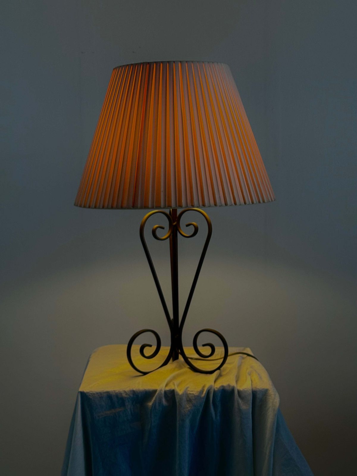 Vintage Wrought Iron Table Lamp In A Swirl Shape With A Pleated Shade photo for sale