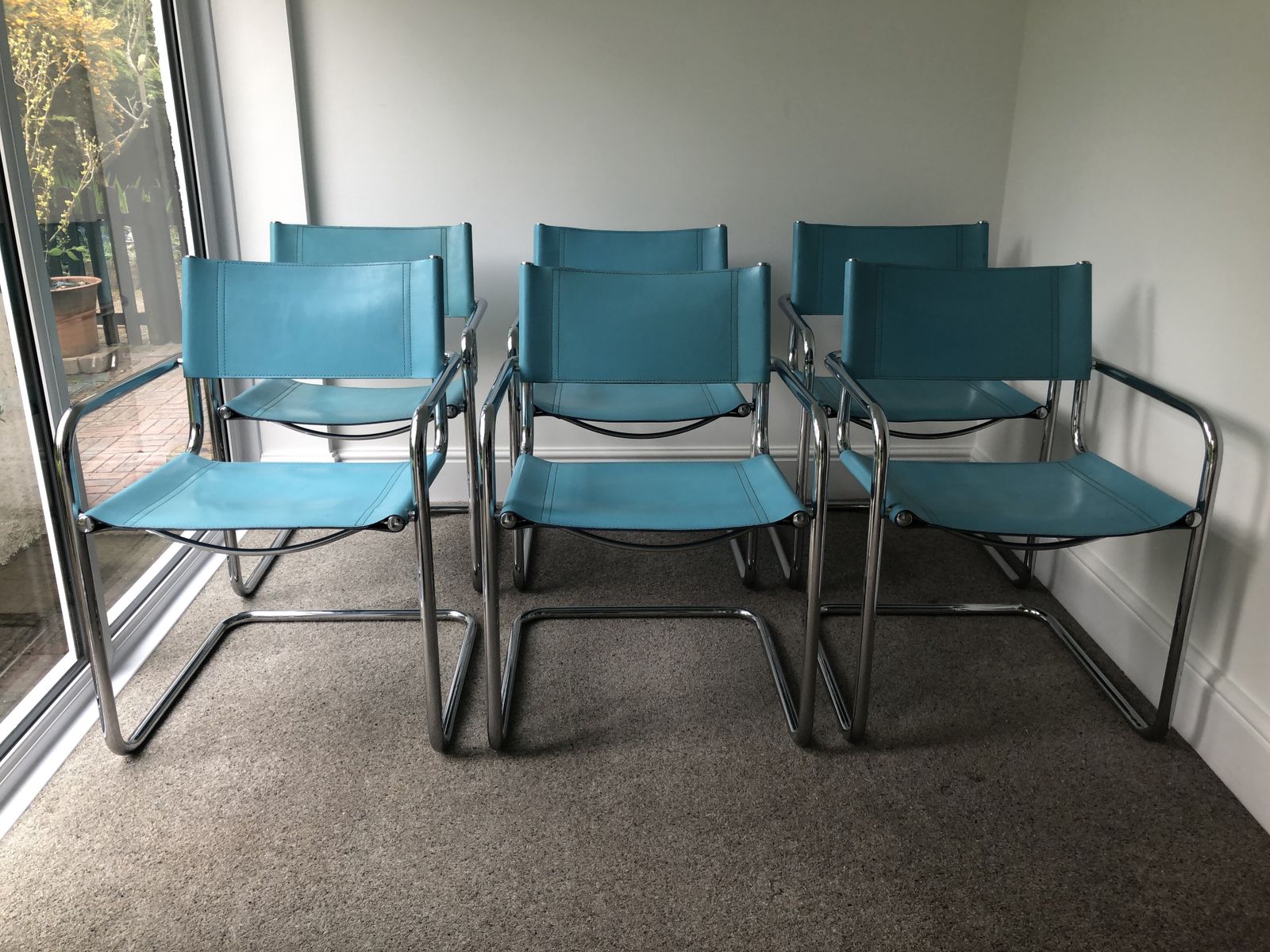 Six Cantilevered Office/Dining Chairs In Turquoise Blue Leather And Chrome photo for sale