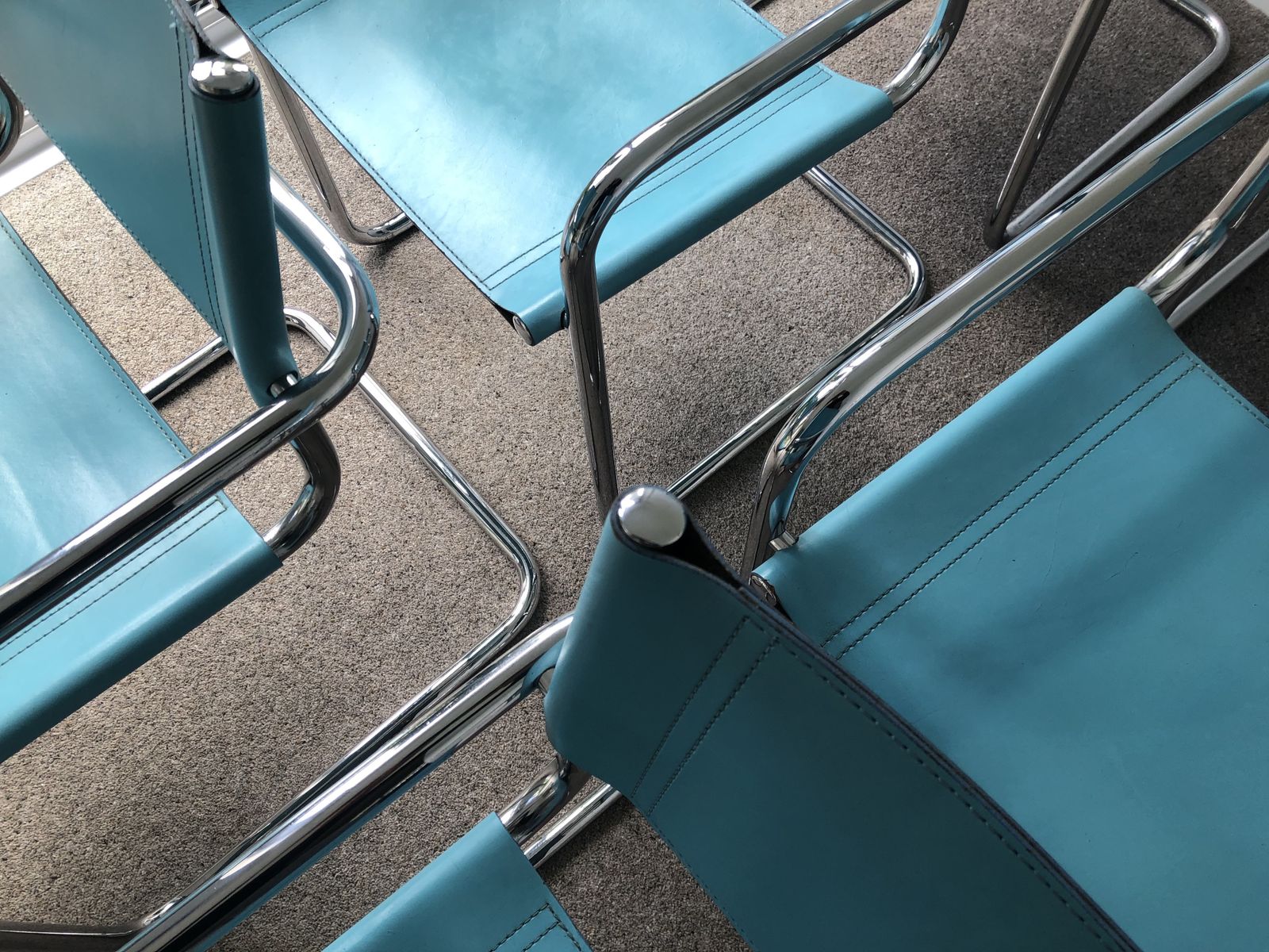 Six Cantilevered Office/Dining Chairs In Turquoise Blue Leather And Chrome photo Furniture