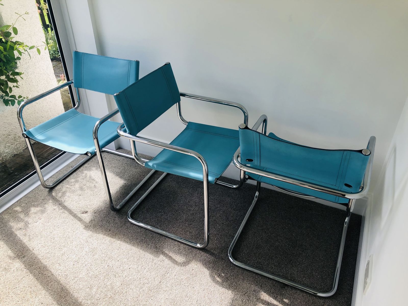 photo for sale Six Cantilevered Office/Dining Chairs In Turquoise Blue Leather And Chrome