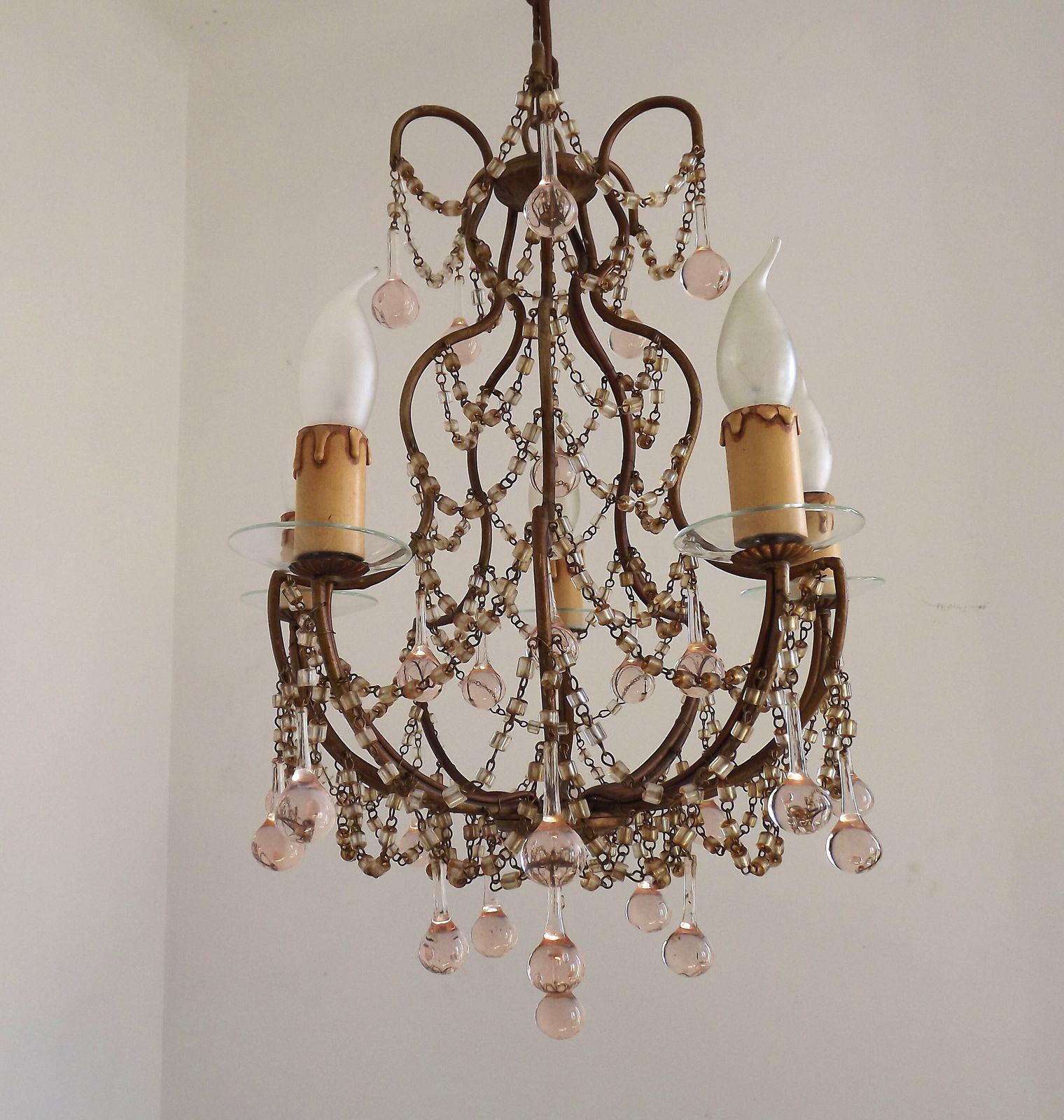 Vintage Italian 5 Arm Gilded Metal Cage Chandelier Seed Bead Swags & Pale Pink Murano Drops photo for sale