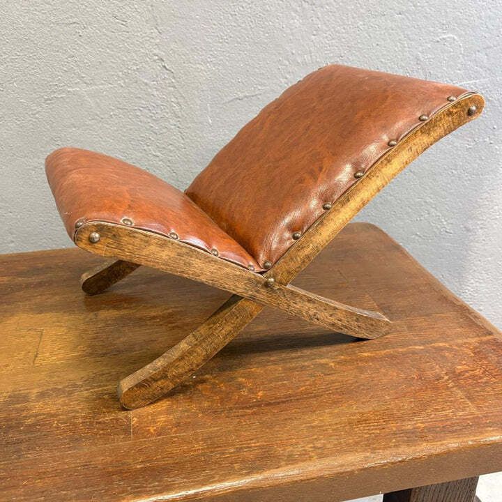 Old Retro Footstool, Mid Century Wooden Leather Stool, Mid 20th Century, European photo vinterior