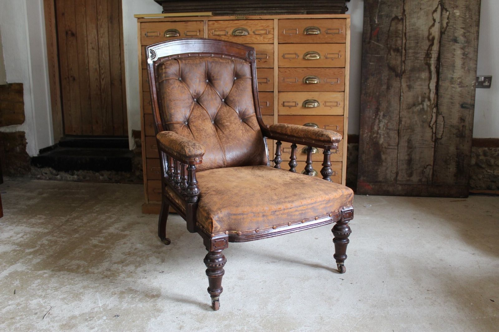 Furniture Chair Wonderful Victorian Leather Armchair Walnut C1880 photo