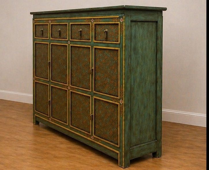 Chinese Green & Gilt Lacquer Cabinet With Hand Painted Panels photo furniture