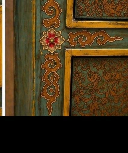 Chinese Green & Gilt Lacquer Cabinet With Hand Painted Panels photo Furniture