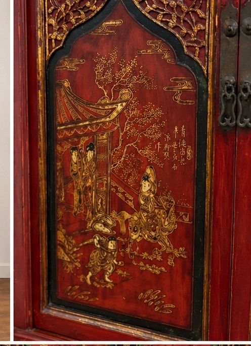 Large Chinese Red Lacquer Wedding Cabinet With Gilt Figural Panels photo for sale