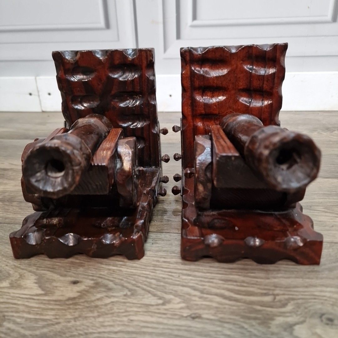 Retro Vintage Pair Bookends Carved Wooden Cannon – Nautical Military Decorative photo for sale