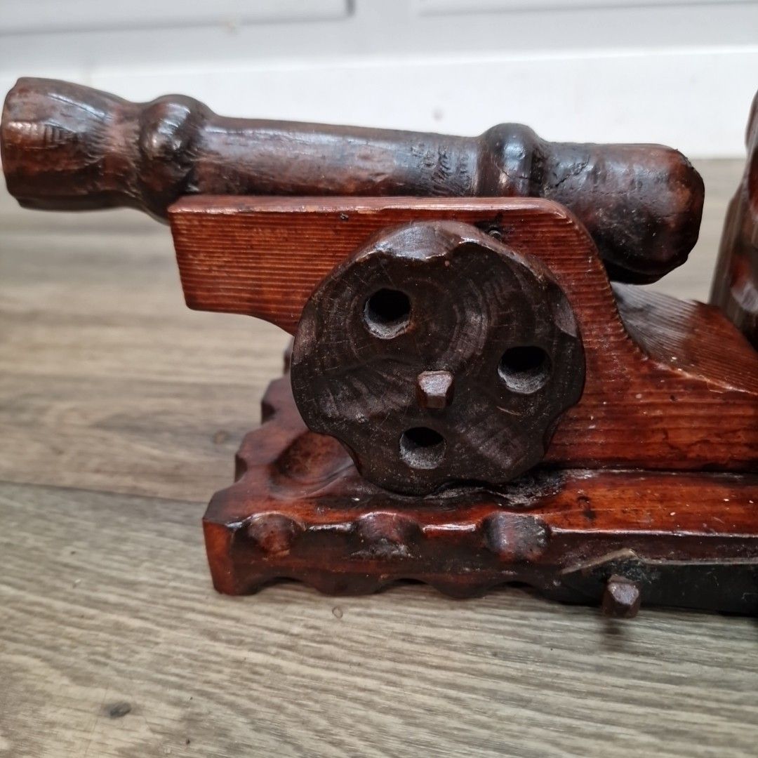 53.0 Retro Vintage Pair Bookends Carved Wooden Cannon – Nautical Military Decorative photo