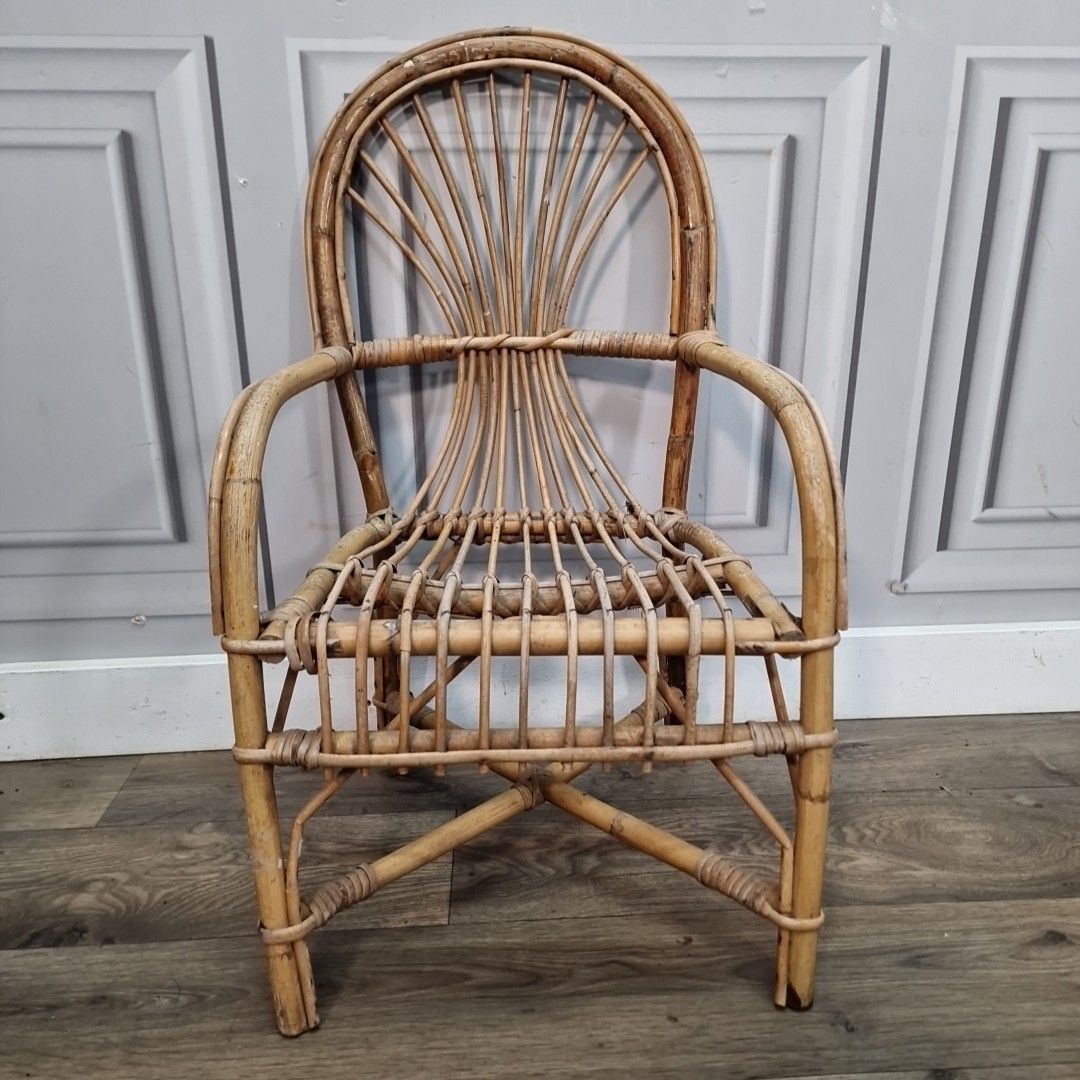 Retro Vintage Childs Chair Small Rattan Mid Century Seat Boho Tiki Bamboo Doll photo furniture