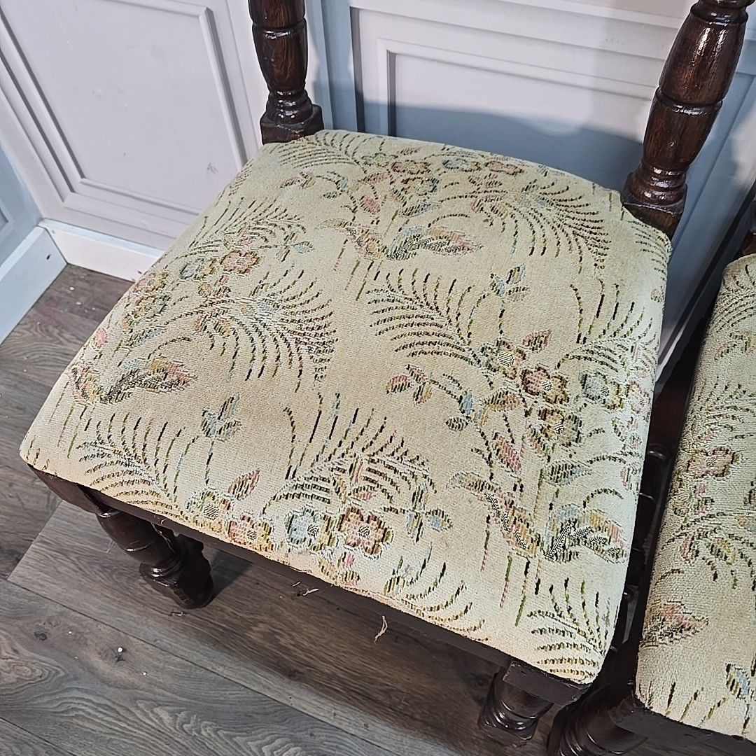Antique Oak Dining Chairs Set 4 Upholstered Seats Turned Wood Carolean Style photo 370.0